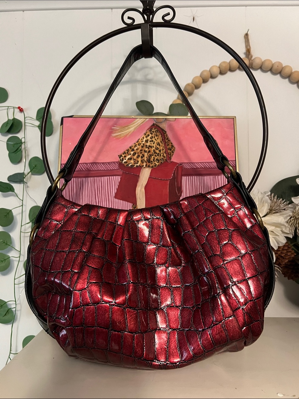 Simply Vera Vera Wang Shiny Croc-Embossed Hobo in Metallic Red